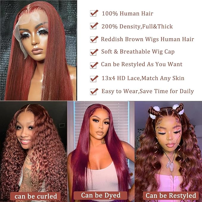 250 Density Straight Lace Front Wigs Human Hair Pre Plucked 13x4 HD Transparent Lace Front Wigs Human Hair Wigs for Women Reddish Brown Lace Frontal Wigs 33# Colored 26Inch