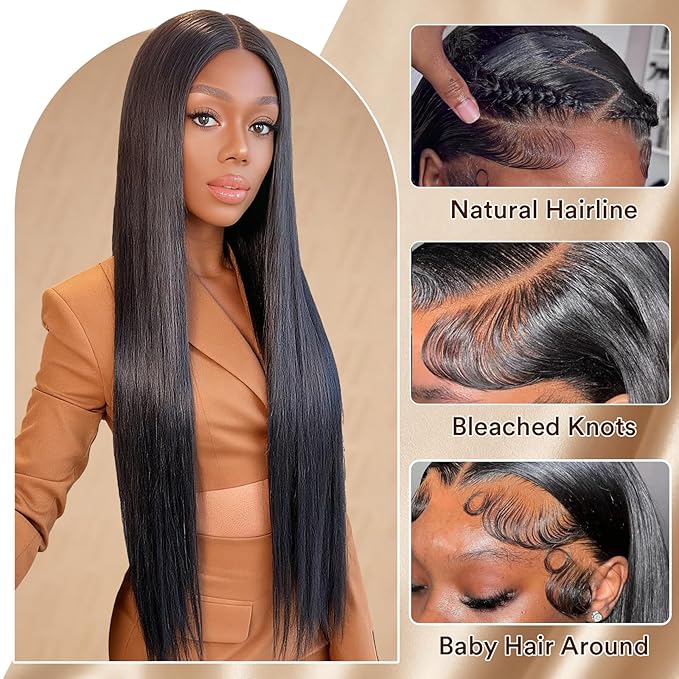 13x6 Straight Lace Front Wigs Human Hair Can Last 12 Months 230 Density Virgin Real Human Wig 13x6 HD Lace Front Wigs Human Hair Pre Plucked Tangle-Free Natural Black for Women (32Inch)