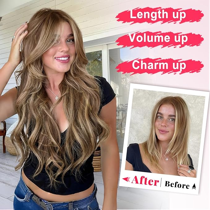 ALXNAN Long Wavy Hair Extensions for Women, Clip in Hair Extensions Clip Ins Soft Full Head Synthetic Hairpieces 20 Inch Medium Brown Ash Blonde