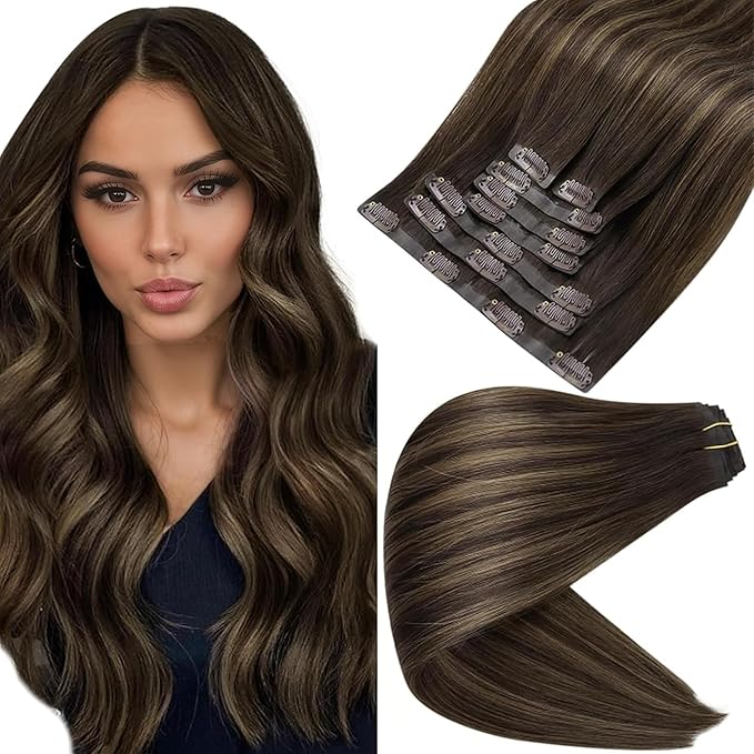 Full Shine Human Hair Clip in Extensions Balayage Dark Brown to Ash Brown Highlights Hair Extension Clip ins with Thick Ends for Women 18 Inch 120 Grams 8 PCS