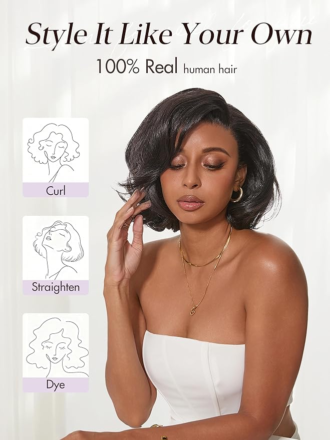LUVME HAIR 13X4 Lace Wig NatureMAX™ PartingMax Lace 10 Inches Bob Wigs Lace Front Wigs Human Hair Pre Cut Plucked Flexi-Fit Drawstring Cap Lace Frontal Glueless 14 Inches Natural Black Color