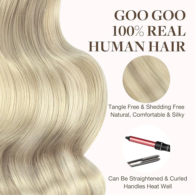 GOO GOO Tape in Hair Extensions Human Hair, 17A/60A Ash Blonde Highlighted Platinum Blonde, 18inch 50g 20pcs, Skin Weft Seamless Invisible, Silky Straight with Thick Ends, Remy Human Hair