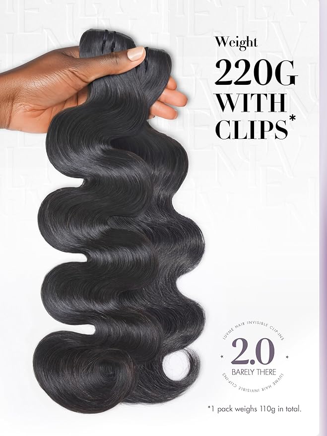 LUVME Invisible Clip in Hair Extensions,Body Wave 16 Inch 2 Pack 220g 12pcs Human Hair Invisible Clip ins Hair Extensions Natural Black Hair for Women