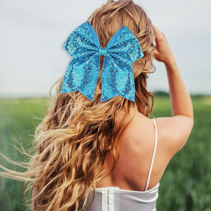 Large Glitter Cheer Bows Clips, Jumbo Big 7 Inch Cheerleading Sequin Hair Bow Hair Accessories for Teens Girls Football Sports Cheerleader Outfit Uniform (Blue)