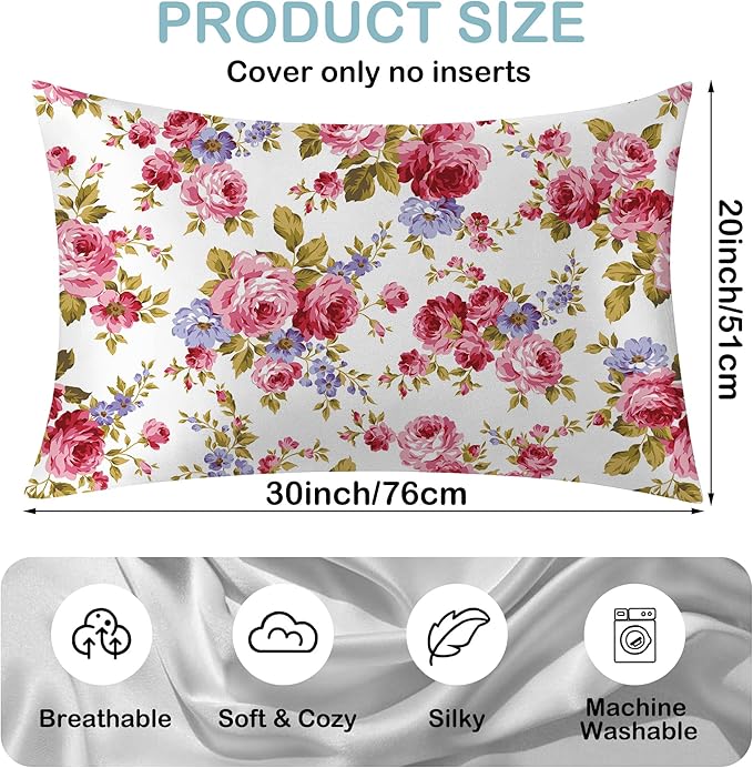 Rose Flower Floral Satin Pillow Case Queen Size,Soft Pillowcases for Hair and Skin Similar to Silk,Pillowcases with Hidden Zipper Bedding Accessories,20X30 Inches,1 Pack