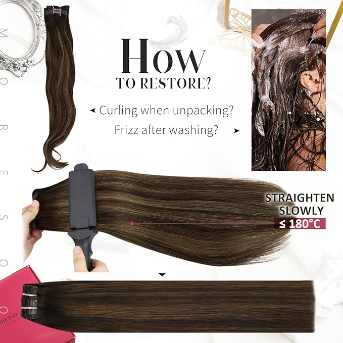 Moresoo Clip on Hair Extensions for Women Remy Double Weft Straight Balayage Short Hair Extensions Real Human Hair Clip ins Ombre Dark Brown with Chestnut Brown 5pcs 80g 10inch