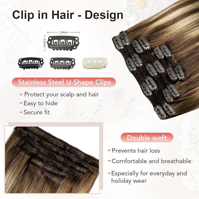XDhair Clip-in Hair Extensions 120g18 Inch Balayage Chocolate Brown to Caramel Blonde Real Human Hair Extensions Clip in Human Hair Double Weft 6pcs (18inch, #4/27/4)