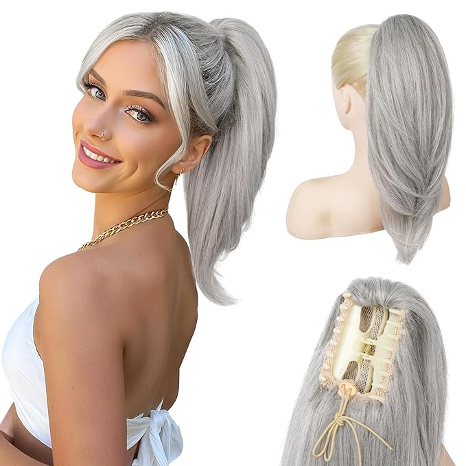 Ponytail Extension – 16” Claw Clip in Ponytail Hair Extensions Natural Soft Synthetic High Pony Tail Hairpieces for Women (Silver Grey, 16 inch)