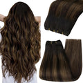 YoungSee 24Inch Sew in Hair Extensions Real Human Hair Brown Weft Hair Extensions Balayage Sew in Bundles Human Hair Dark Brown Mix Medium Brown Highlights 100G