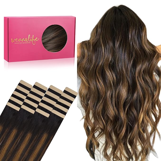 WENNALIFE Tape in Hair Extensions Human Hair, 20pcs 50g 18 inch Natural Black Mixed Chestnut Brown Remy Hair Extensions Straight Human Hair Tape in Extensions Skin Weft Tape Extensions Human Hair