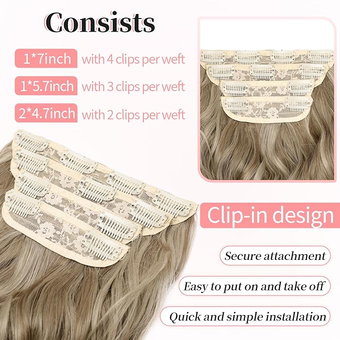 KooKaStyle Hair Extensions Ashy Taupe Blonde Clip in Synthetic Highlight Long Wavy 4PCS Thick Hairpieces for Daily Use 20 Inch for Women
