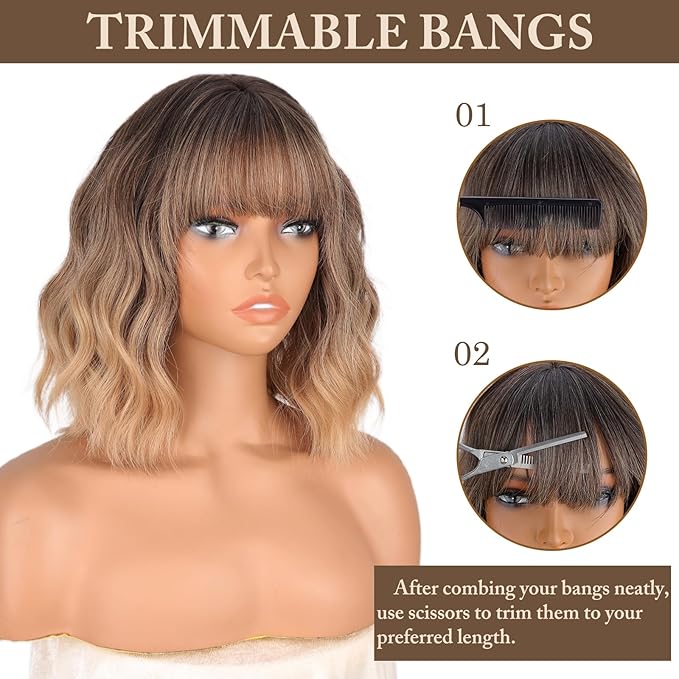 MISSQUEEN Ombre Blonde Wig with Bangs Short Wavy Brown Omber Blonde Wigs for Women Natural Looking Synthetic Heat Resistant Fiber Wig for Daily Party Cosplay Use