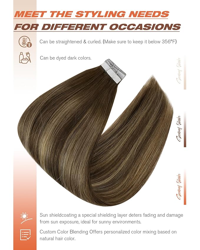 Sunny Hair Tape in Hair Extensions Real Human Hair Invisible Remy Hair Extensions Tape ins for Women Dark Brown Root to Caramel Blonde Balayage 24 inch 20Pcs 50G