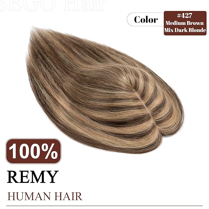 SEGO Real Human Hair Topper for Women, No Bangs Hair Topper with Anti-Slip Clips (14 Inches Medium Brown Mix Dark Blonde)