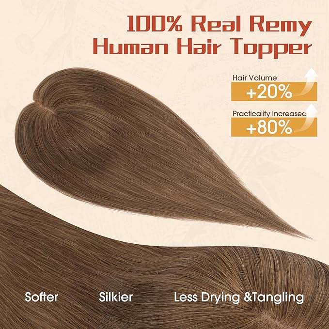 Rich Choices Human Hair Toppers for Women-100% Real Remy Hair Topper No Bang-Upgraded 150% Density 9 * 12CM Lace Base-Clip in Hairs Topper for Thinning Hairs-10Inch #4 Medium Brown