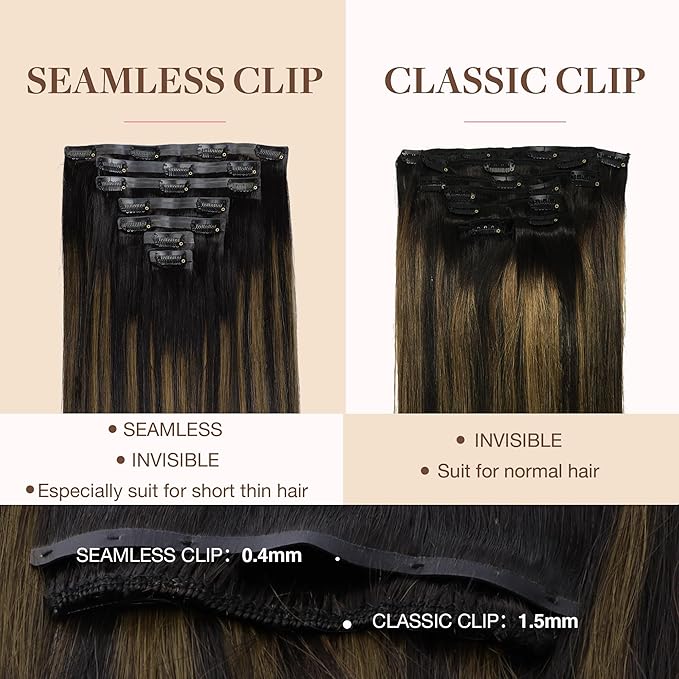 GOO GOO Clip in Hair Extensions Real Human Hair, Remy Human Hair Extensions Clip ins for Women, Natural Human Hair, 20inch 110g 7Pcs, 1B/6/1B Balayage Natural Black to Chestnut Brown