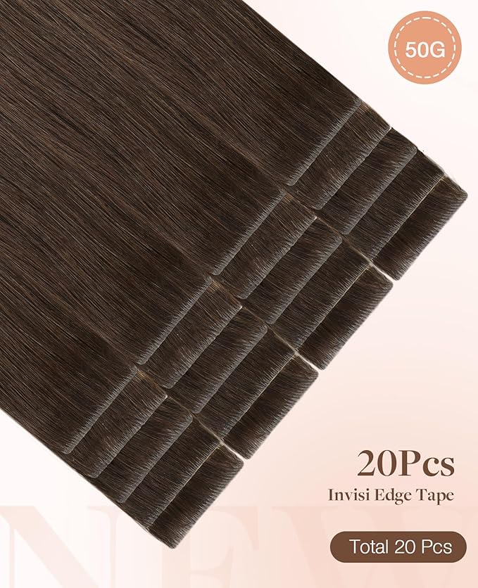 GOO GOO Invisi Edge Tape in Hair Extensions Human Hair, 4A Chocolate Brown 20pcs 20inch 50g, Virgin Remy Hair, Seamless Injected Tape, Natural Look