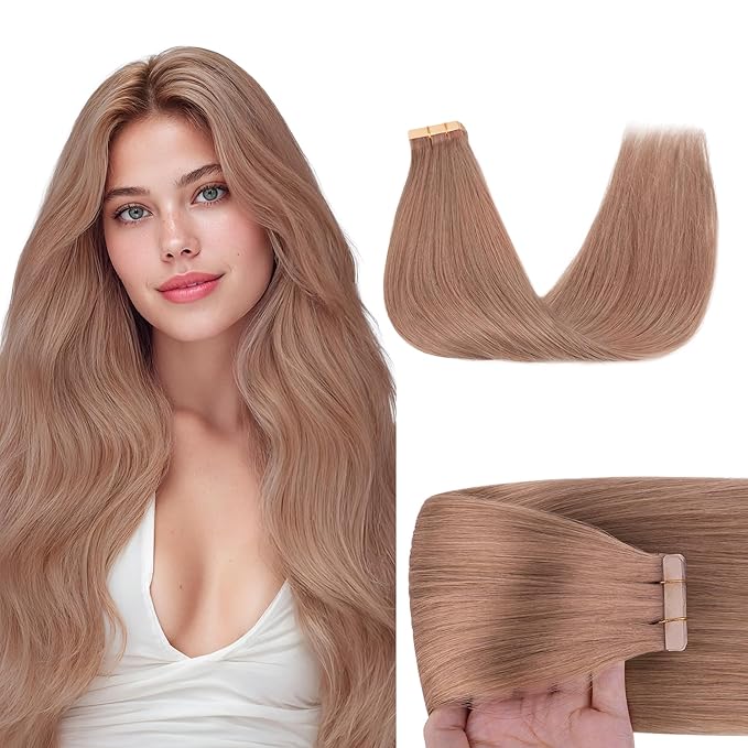 GOO GOO Tape in Hair Extensions Human Hair, 15 Velvet Mocha, 16inch 50g 20pcs, Skin Weft Seamless Invisible, Silky Straight with Thick Ends, Remy Human Hair