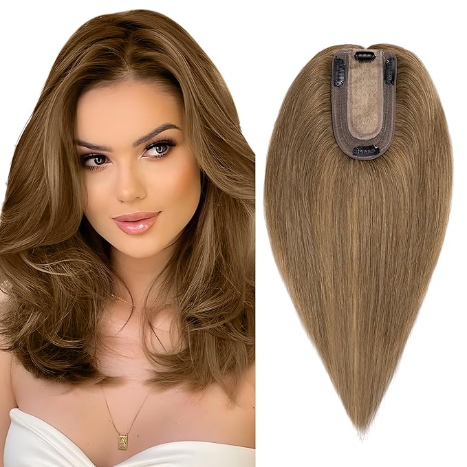 SEGO Real Human Hair Topper for Women, No Bangs Hair Topper with Anti-Slip Clips (6 Inch#6 Light Brown)