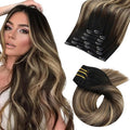 Moresoo Balayage Clip in Hair Extensions Human Hair Clip on Hair Extensions Ombre Black to Brown with Caramel Blonde Double Weft Full Head 7Pcs 120G 22 Inch