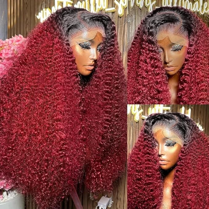 Burgundy Wig Human Hair Deep Wave 13x6 Lace Front Wigs Human Hair 250% density Pre Plucked 1B 99J Deep Wave Wigs Human Hair Wet and Wavy Curly Ombre Lace Frontal Wig Human Hair