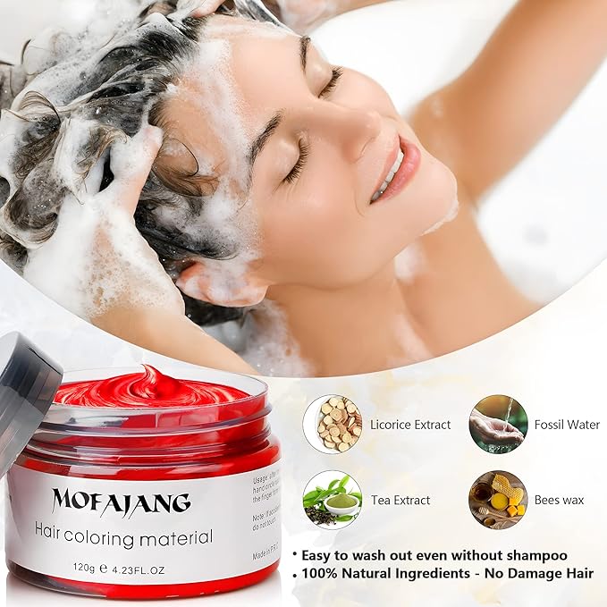 Red Temporary Hair Dye Wax Natural Instant Hair Color Wax Pomades 4.23 oz,Hair Styling Clay for Party, Cosplay, Halloween,Christmas