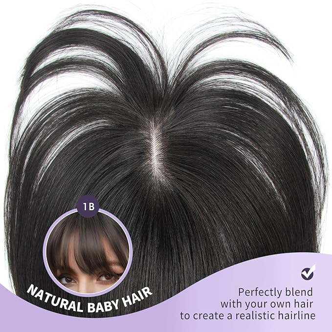 Jet Black Real Human Hair Topper with Bangs Covers Thinning Crown, Receding Hairline for Women 10inch Clip-In Hair Topper for Thinning Hair