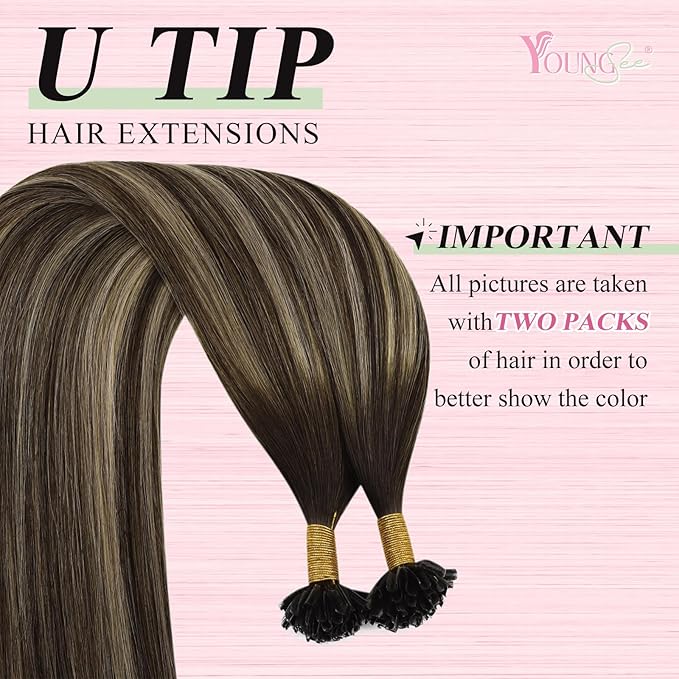 YoungSee U Tip Hair Extensions Human Hair Ombre Dark Brown Mixed Ash Blonde U Tip Real Hair Extensions Ombre Hot Fusion 16In 1G/S 50G
