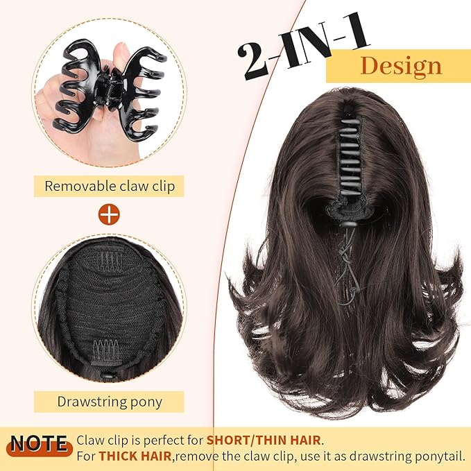KooKaStyle Ponytail Extension, 10" Short Claw Clip in Pony Tails Hair Extensions Curly Wavy Synthetic Drawstring Hairpieces for Women Medium Brown