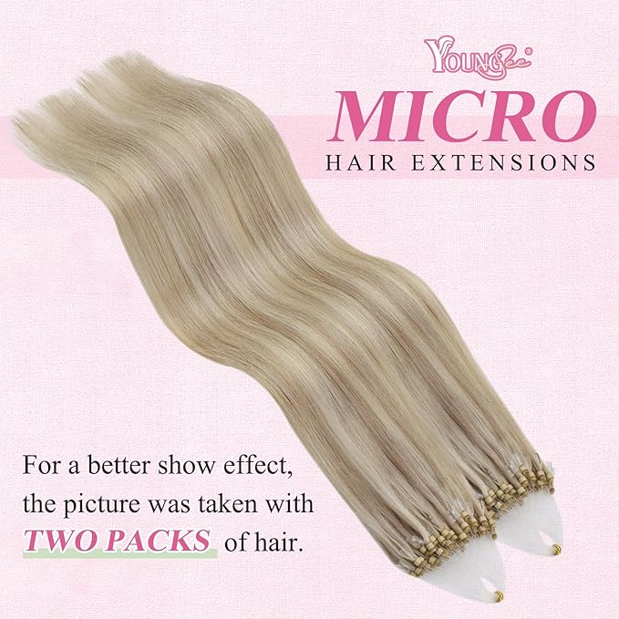 YoungSee Micro Link Hair Extensions Human Hair Blonde Micro Bead Hair Extensions Real Human Hair Blonde Highlights Ash Blonde Micro-Ring Hair Extension Silky Straight 18In Bead Hair Extension 50g 50s