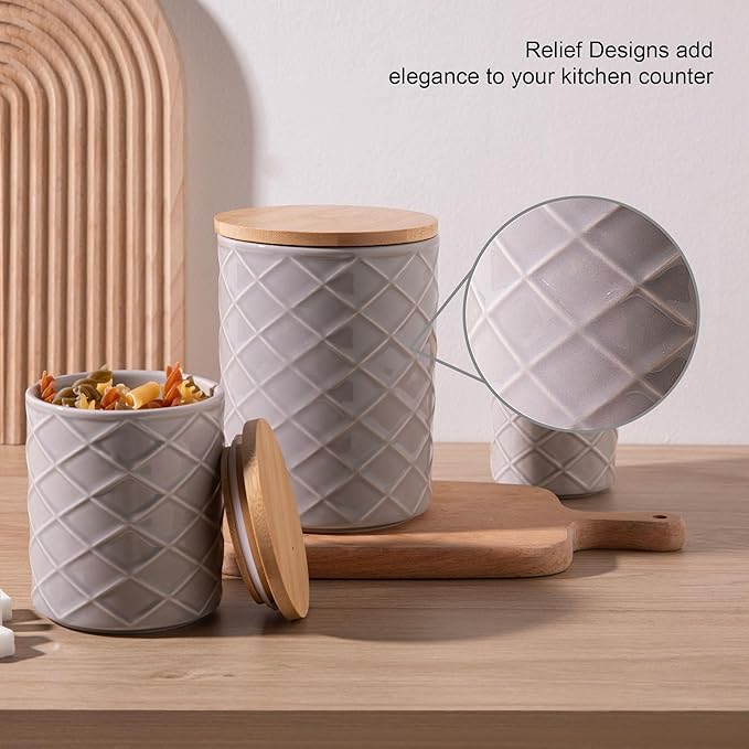 Sweejar Ceramic Canisters Sets for Kitchen Countertop, Relief Food Storage Jar with Bamboo Lid, Stackable Container for Flour, Coffee, Pasta, Cereal, Tea, Cookies, Sugar, Spices, Pack of 4 (Gray)