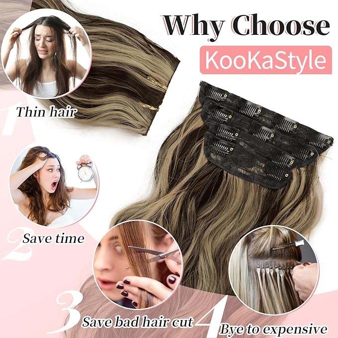 KooKaStyle Clip in Synthetic Hair Extensions Long Wavy 4PCS Thick Hairpieces Brown mix Sandy Blonde Fiber Double Weft Natural Hair Extensions 20 Inch for Women