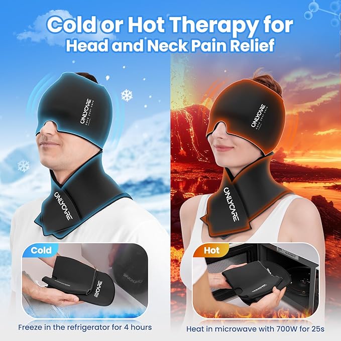 ONLYCARE Migraine Relief Cap and Neck Ice Pack Wrap Gel Set, Upgrade Headache Relief Cap and Shoulder Cold Pack, Hot and Cold Compress, FSA - HSA Eligible, Relief of Pain, Swelling, Office Pressure