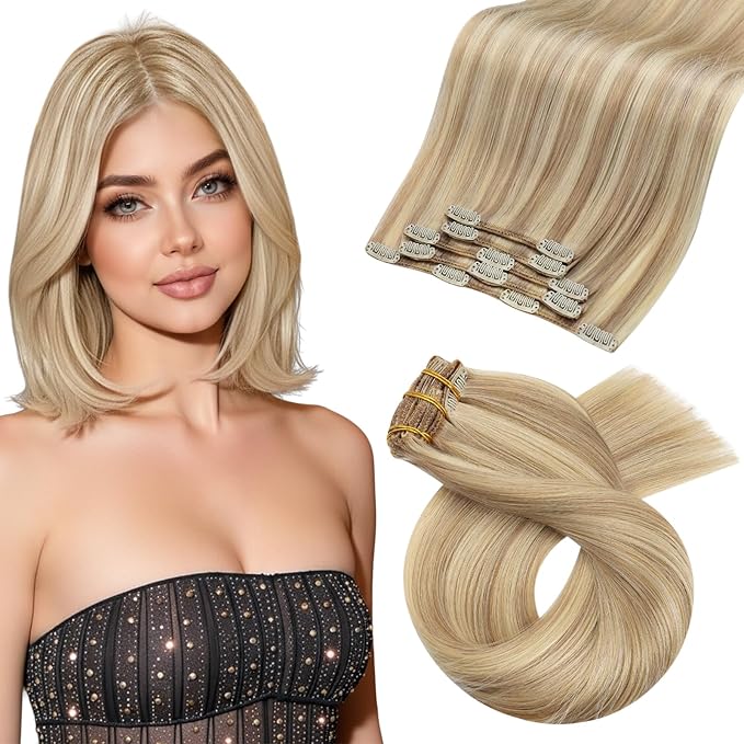 Moresoo Blonde Clip in Hair Extensions Remy Human Hair Golden Blonde Mixed with Medium Blonde to Add Highlights Real Human Hair Extensions Clip ins Invisible Double Weft for Women Short 80g/5pcs 12in