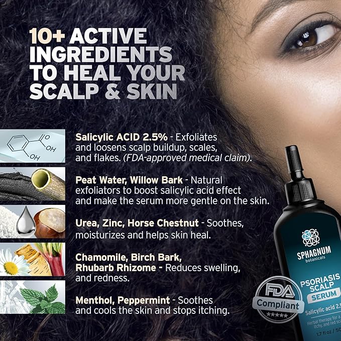 Sphagnum Botanicals Scalp Psoriasis Treatment Serum - Herbs & Medicated salicylic Acid Quickly Relieve a red, Flaky & Itchy Scalp. Effective for Eczema, Dandruff and seborrheic Dermatitis 1.7 fl. Oz
