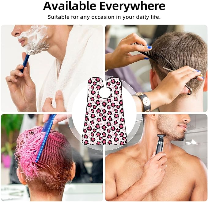 Adjustable Beard Bib, Non-Stick Hair Catcher Cape for Men's Shaving, Waterproof with 2 Suction Cups, Paint Splatter Cheetah Leopard Print Pink Shave Bib