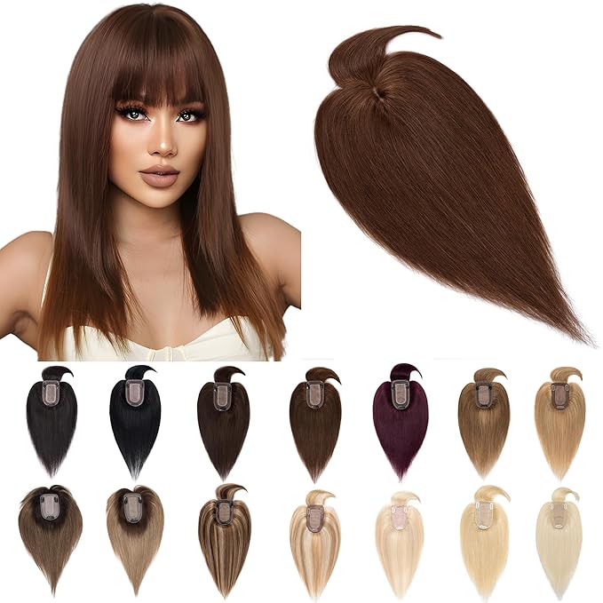 SEGO Hair Toppers for Women Real Human Hair With Bangs, 7 * 13CM Silk Base 100% Remy Human Hair Clip in Top Wiglet Hairpieces Add Volume /14 Inch Medium Brown