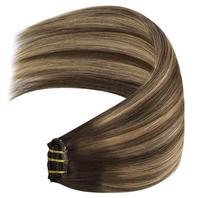 YoungSee Clip in Hair Extensions Balayage Brown Hair Extensions Clip ins Invisible Clip Hair Extension Real Human Hair Balayage Chocolate Brown Mix Caramel Blonde Clip in Extension Straight 14In 120G