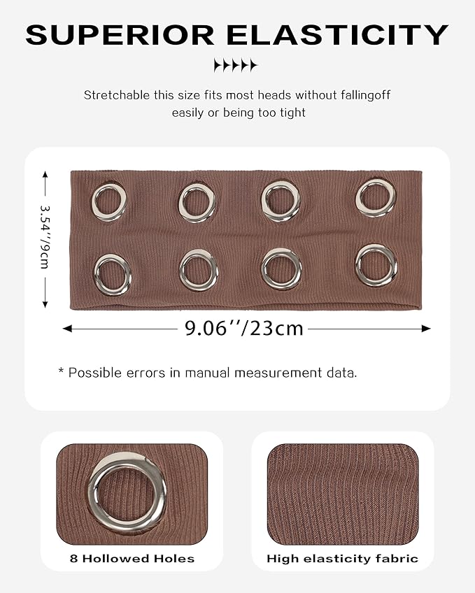 Grommet Headband for Women, Plus Brown 23cm Hollow Out Elastic Hair Band, Eyelets Punk Grunge Stylish Hairband