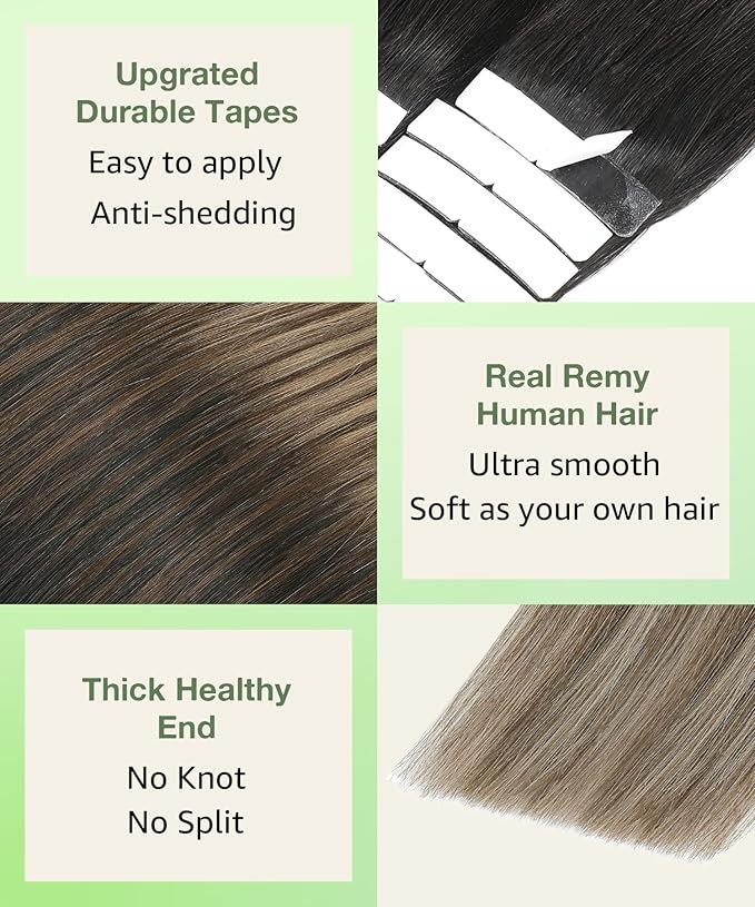 SURNEL Tape in Hair Extensions Human Hair 16 inch Natural Black to Chocolate Brown and Caramel Blonde Tape Hair Extensions 20pcs 50g(#1B/4/27-16)