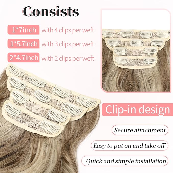 KooKaStyle Clip in Synthetic Hair Extensions Long Wavy 4PCS Thick Hairpieces Ash Blonde Balayage Fiber Double Weft Natural Hair Extensions 20 Inch for Women