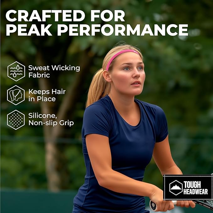 Tough Headwear Athletic Headband Set - Thin Headbands for Women - Elastic Sport Hair Bands Men - Skinny Sports Hairbands - Non Slip Athletic Head Bands for Sports - Black