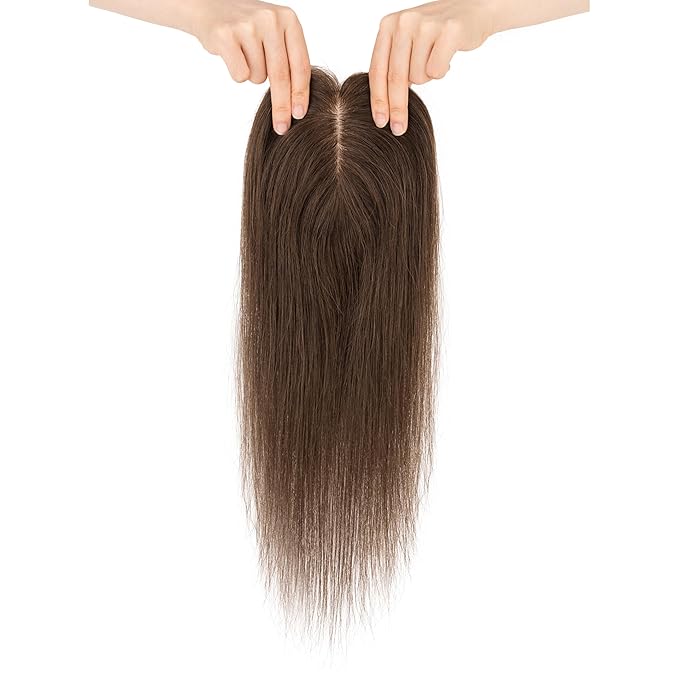 Hairro Human Hair Toppers Free Parted, 3.5x4.7" Base Hand-wovened 100% Real Hairpieces, with Invisible Clips-in for Women, for High Hairline/Adding Volume on Top, 14 Inch Dark Brown