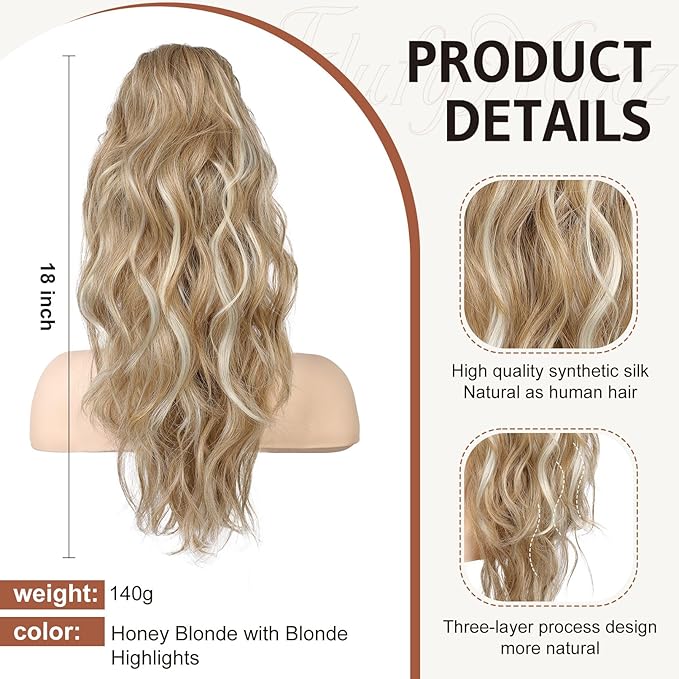Flufymooz Ponytail Extension, 18 Inch Claw Clip Ponytail Extension, Wavy Curly Claw Clip in Pony Tail Hair Extensions, Pony Tail Synthetic Hairpiece for Women (Honey Blonde with Blonde Highlights)
