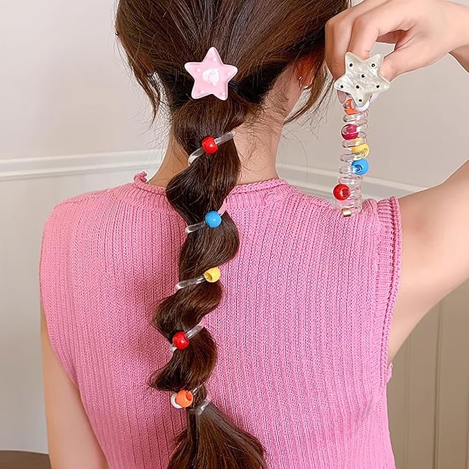 4 Pcs Star Spiral Hair Ties Braided Elastic Telephone Scrunchies Phone Cord Hair Bands Women Thin Thick Hair Straight Ponytail Hair Accessories