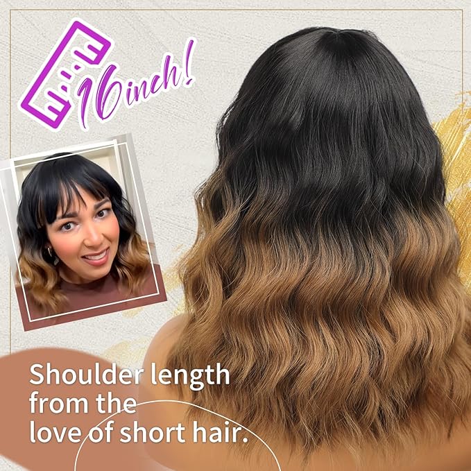 Nnzes Short Wavy Wig with Bangs for Women Shoulder Length Bob Curly Women's Charming Synthetic Wigs with Natural Wavy Black To Brown Heat Resistant Hair for Daily Party Use