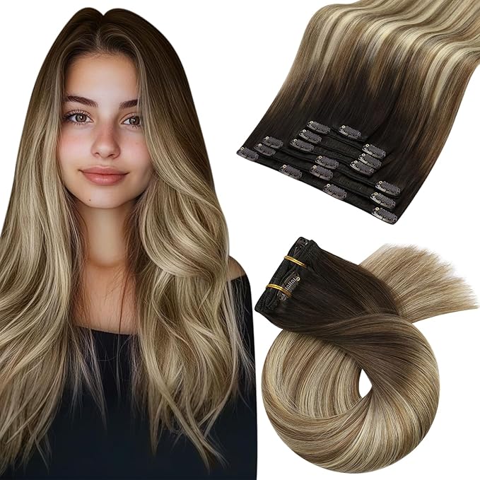 Moresoo Clip in Hair Extensions Real Human Hair Straight Balayage Dark Brown to Light Brown Ombre Medium Blonde Clip Extensions Long Hair Extensions Clip in Human Hair 7 Pieces 120G 16 Inch