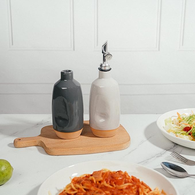 Olive Oil Dispenser Bottle Stoneware Ceramic, Cruet Protects to Reduce Oxidation, Suitable For Storage Of Oil, Vinegar, Coffee Syrups & Other Liquids - Stainless Steel Spout 14Oz