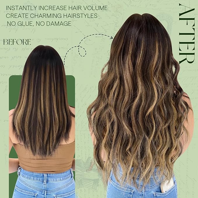 RUNATURE Balayage Clip in Hair Extensions, 18 Inch Hair Extensions Clip Ins, Double Weft Human Hair Clip in Extensions, Remy Natural Hair, 120g 7pcs #1B/6/27 Black Rooted to Brown Highlight Blonde