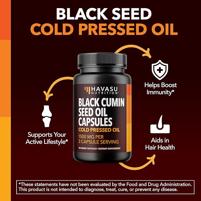 Cold Pressed Black Seed Oil Capsules - 1500mg Black Cumin Supplement for Immune Function, Digestive Support & Overall Health - Hair & Skin Superfood - Nigella Sativa - 1 Month Supply, Unflavored